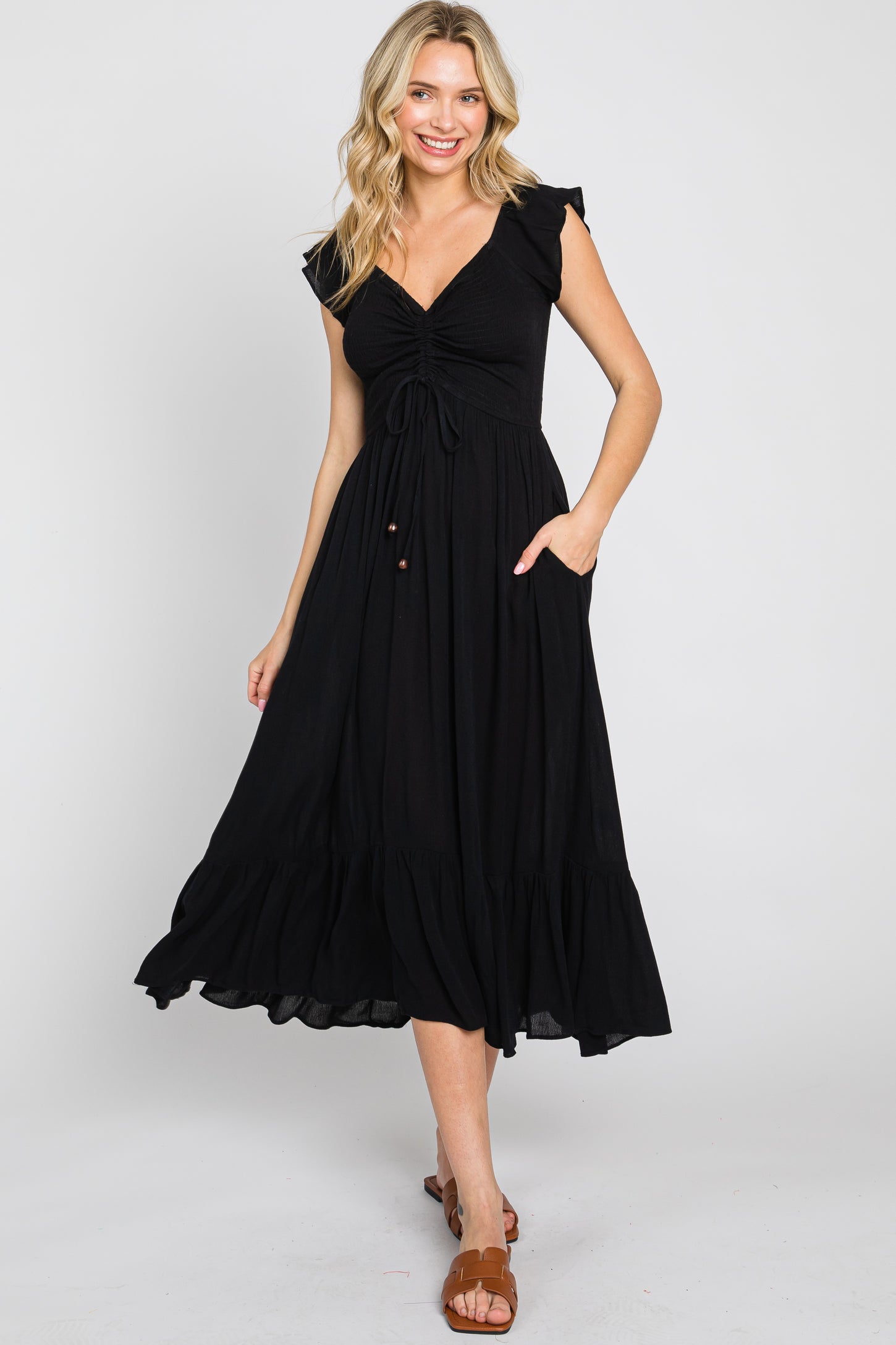 Black Smocked Ruched Ruffle Hem Maxi Dress