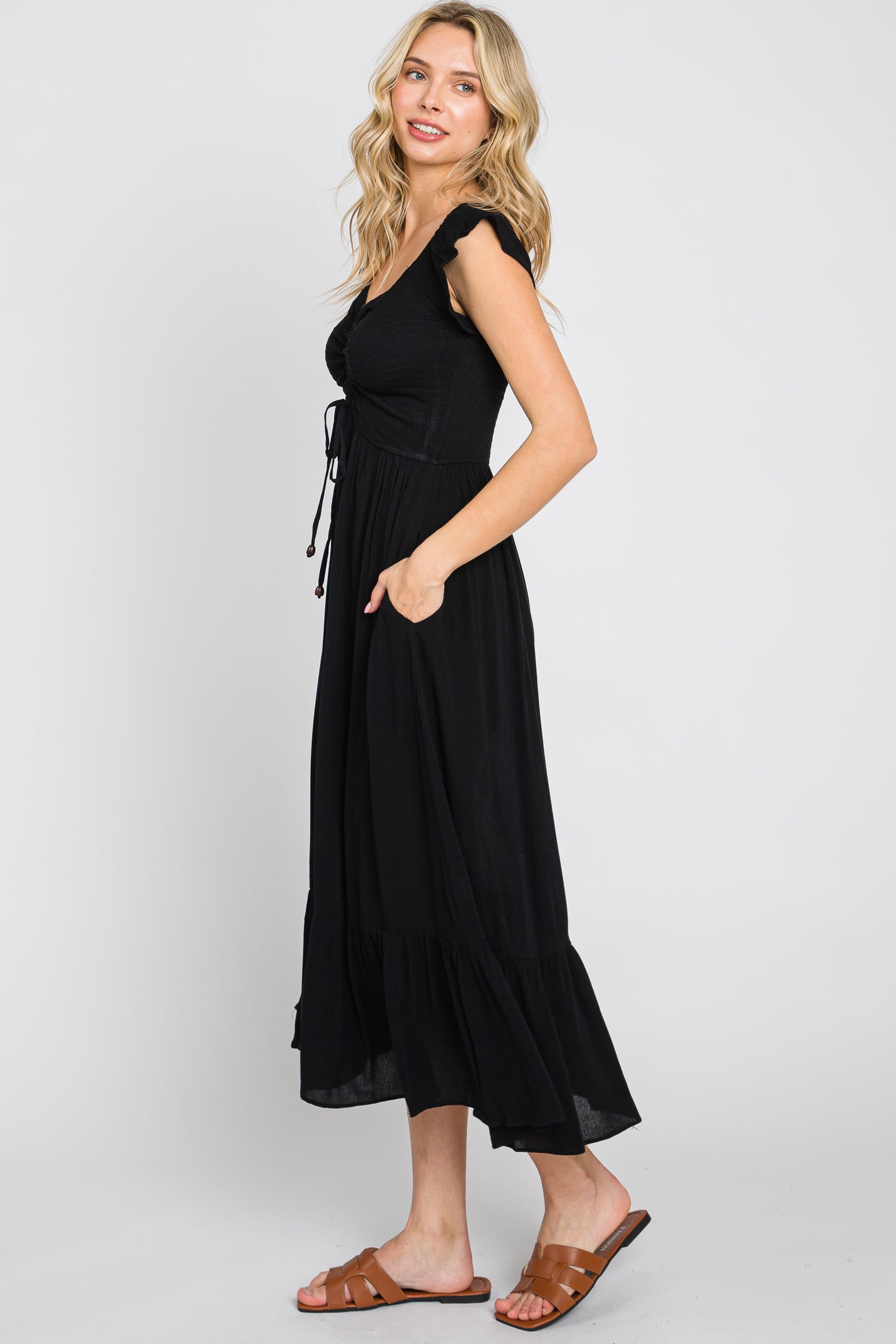 Black Smocked Ruched Ruffle Hem Maxi Dress