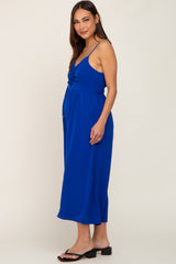 Royal Blue Sleeveless Ruched Drawstring Maternity Jumpsuit