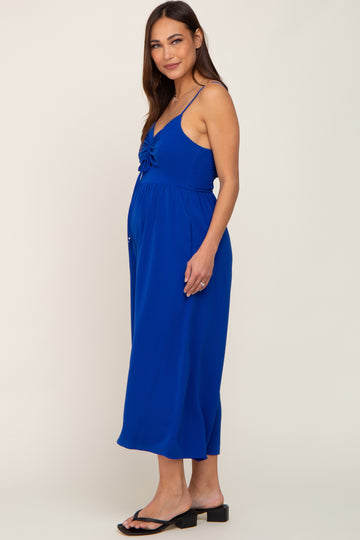 Royal Blue Sleeveless Ruched Drawstring Maternity Jumpsuit