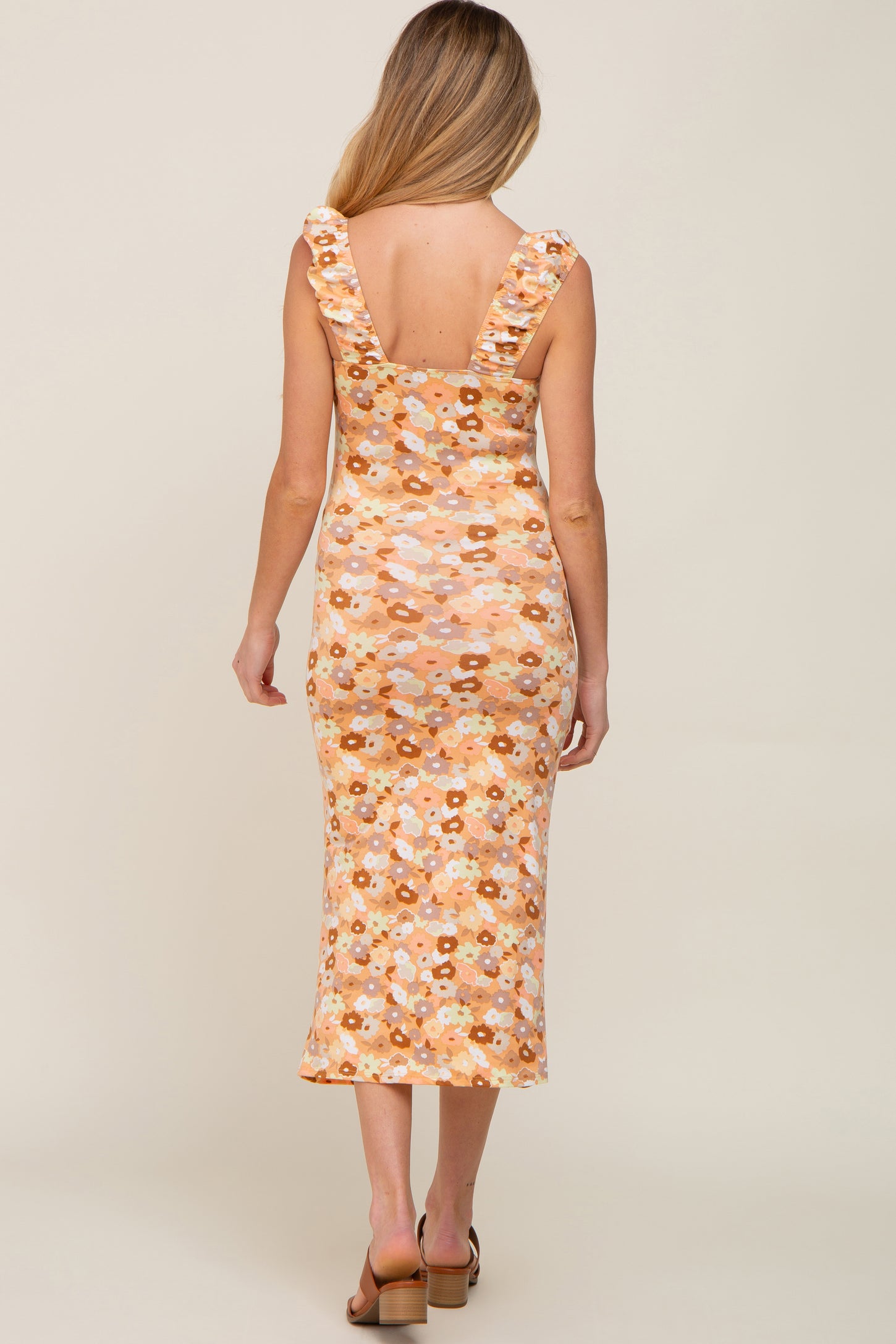 Peach Floral Fitted Maternity Midi Dress