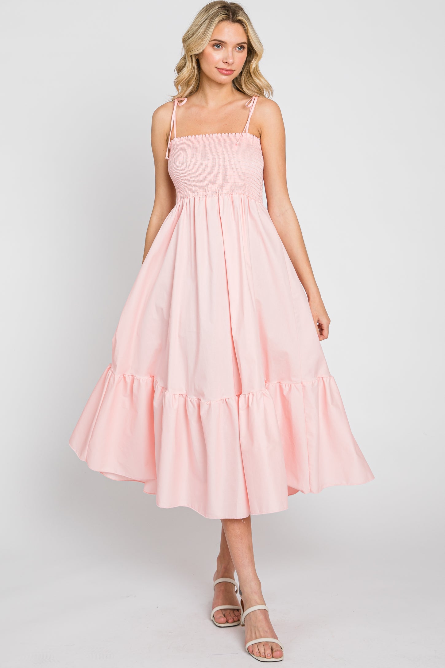 Pink Smocked Shoulder Tie Midi Dress