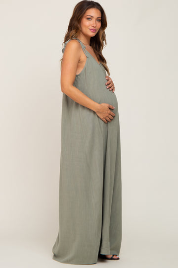 Light Olive Linen V-Neck Tie Strap Maternity Maxi Dress