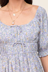 Periwinkle Floral Square Neck Front Tie Midi Dress