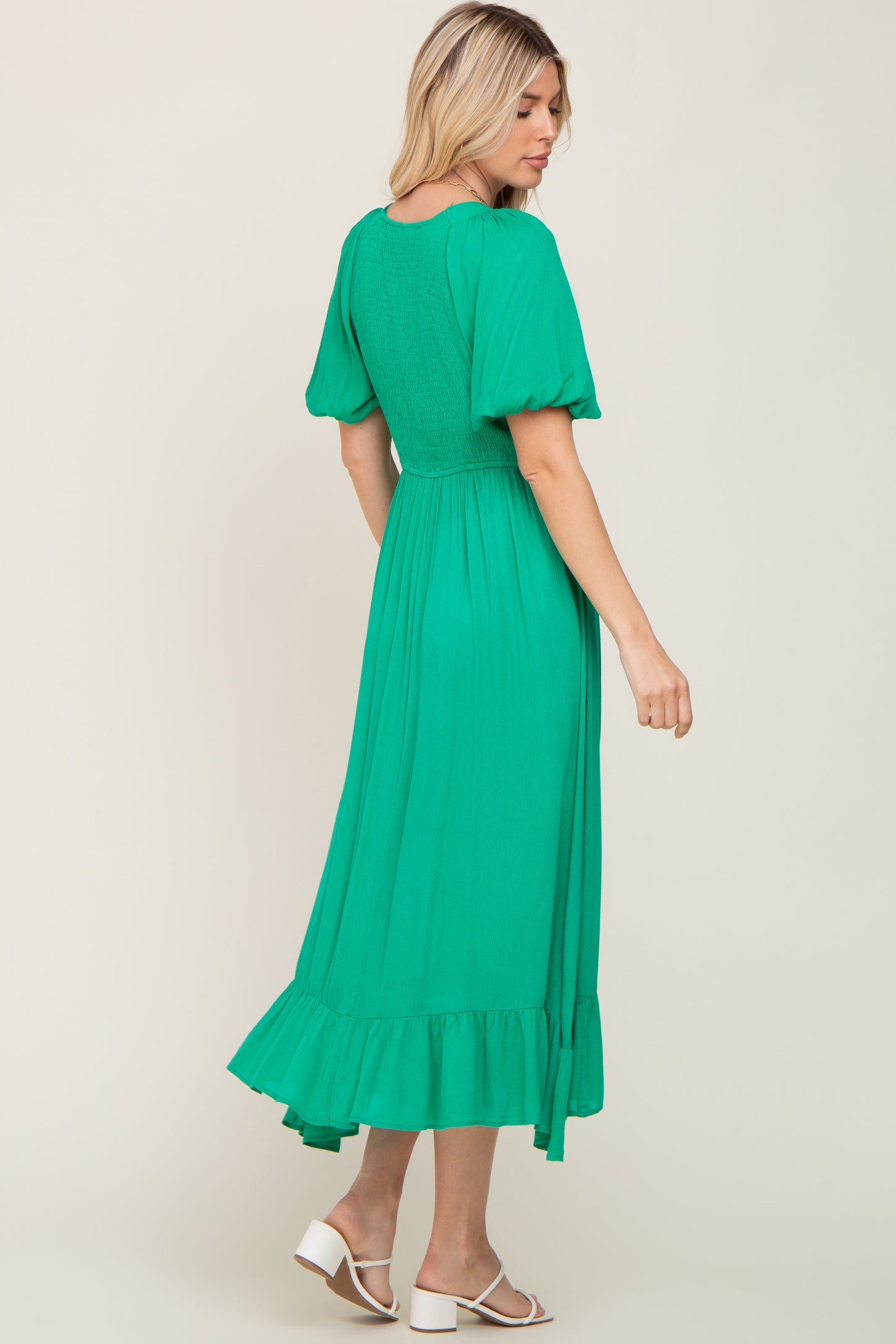 Green Smocked Puff Sleeve Midi Dress
