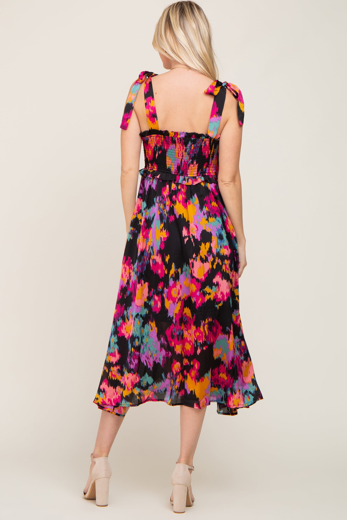 Black Printed Satin Smocked Midi Dress