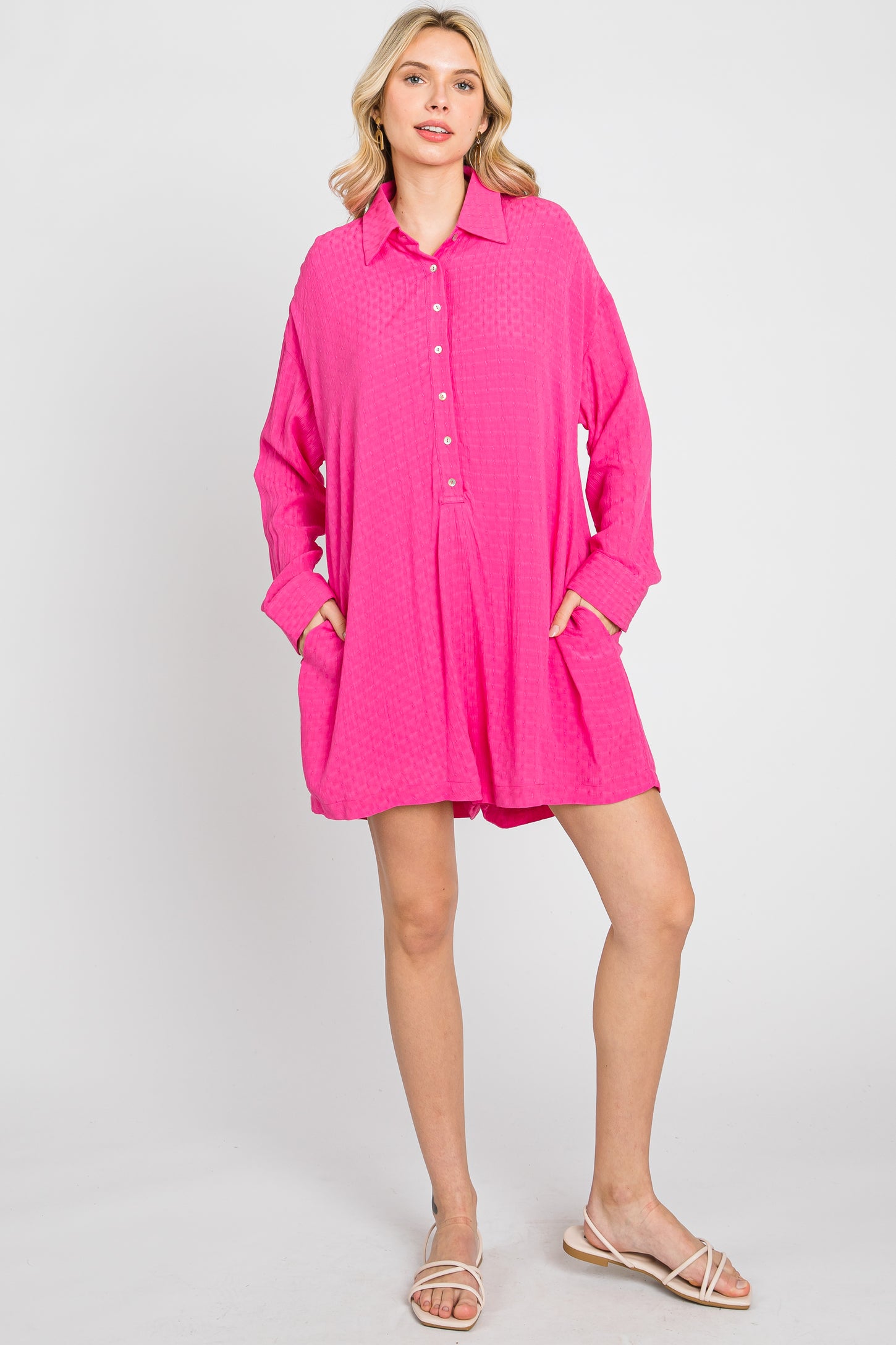 Fuchsia Jacquard Button Down Romper