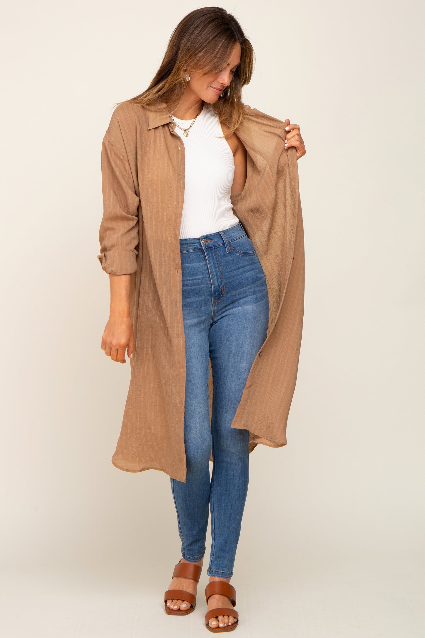 Taupe Striped Lightweight Button Down Top