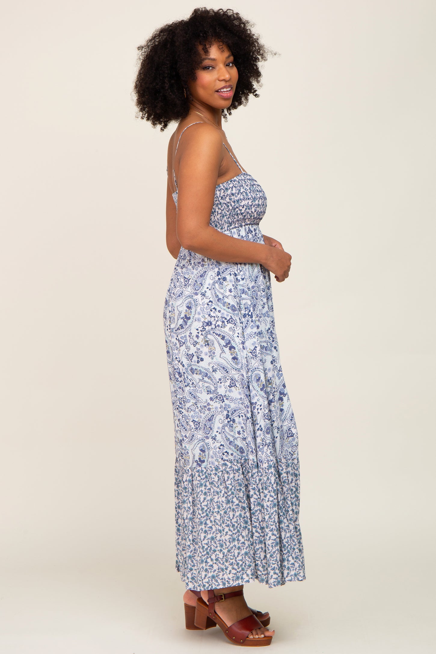 Blue Floral Paisley Smocked Button Front Maxi Dress