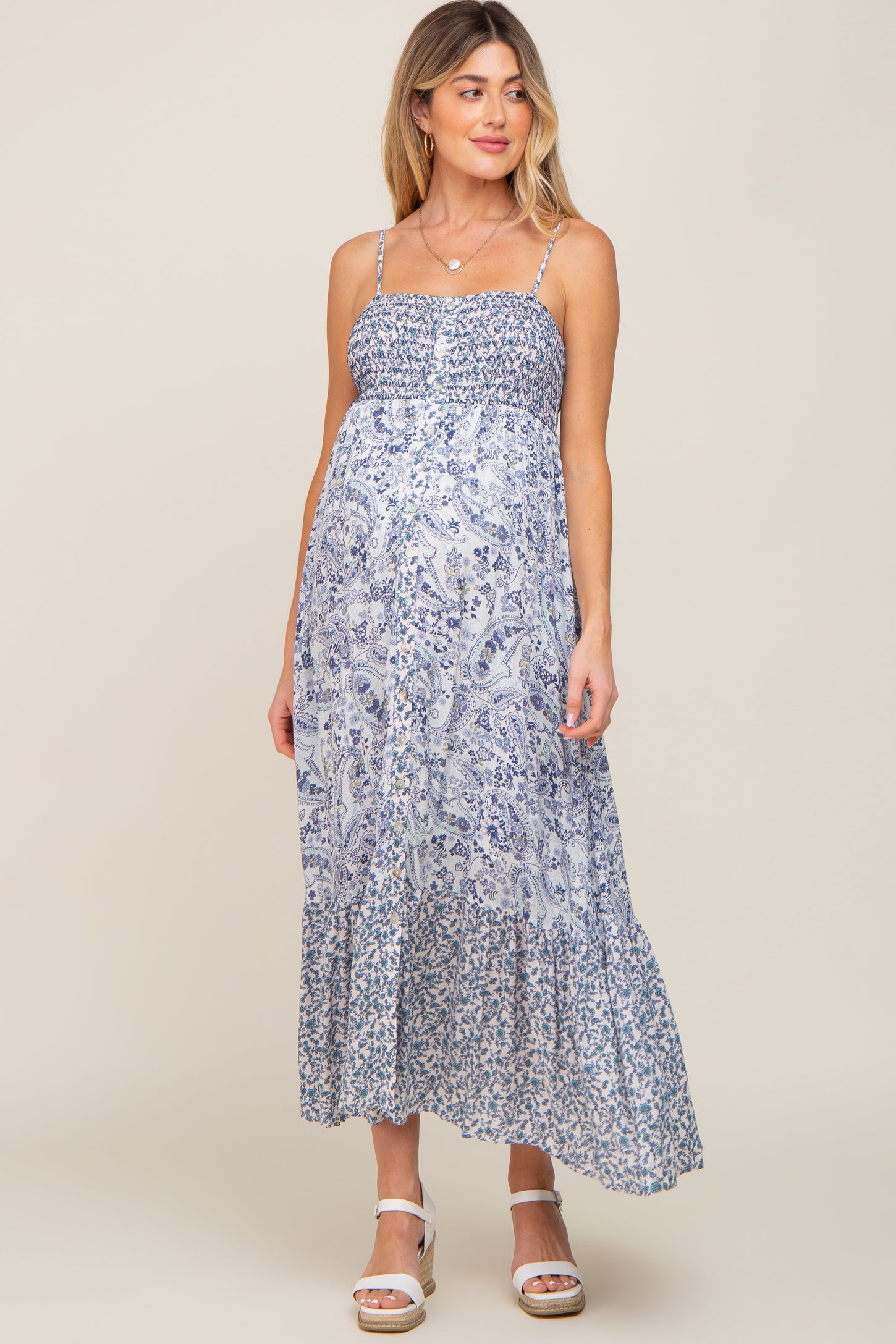 Blue Floral Paisley Smocked Button Front Maternity Maxi Dress