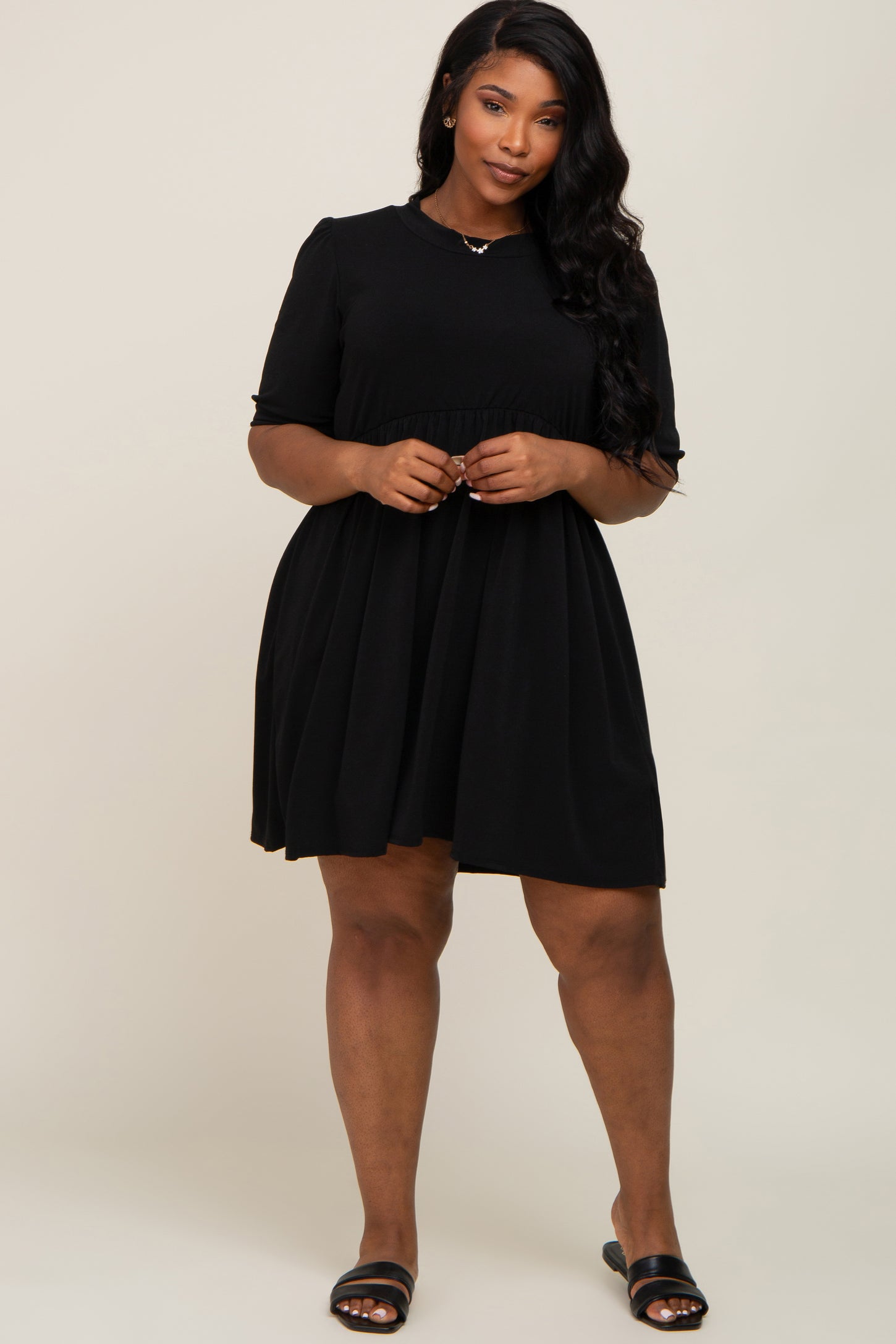 Black High Neck Puff Sleeve Plus Dress