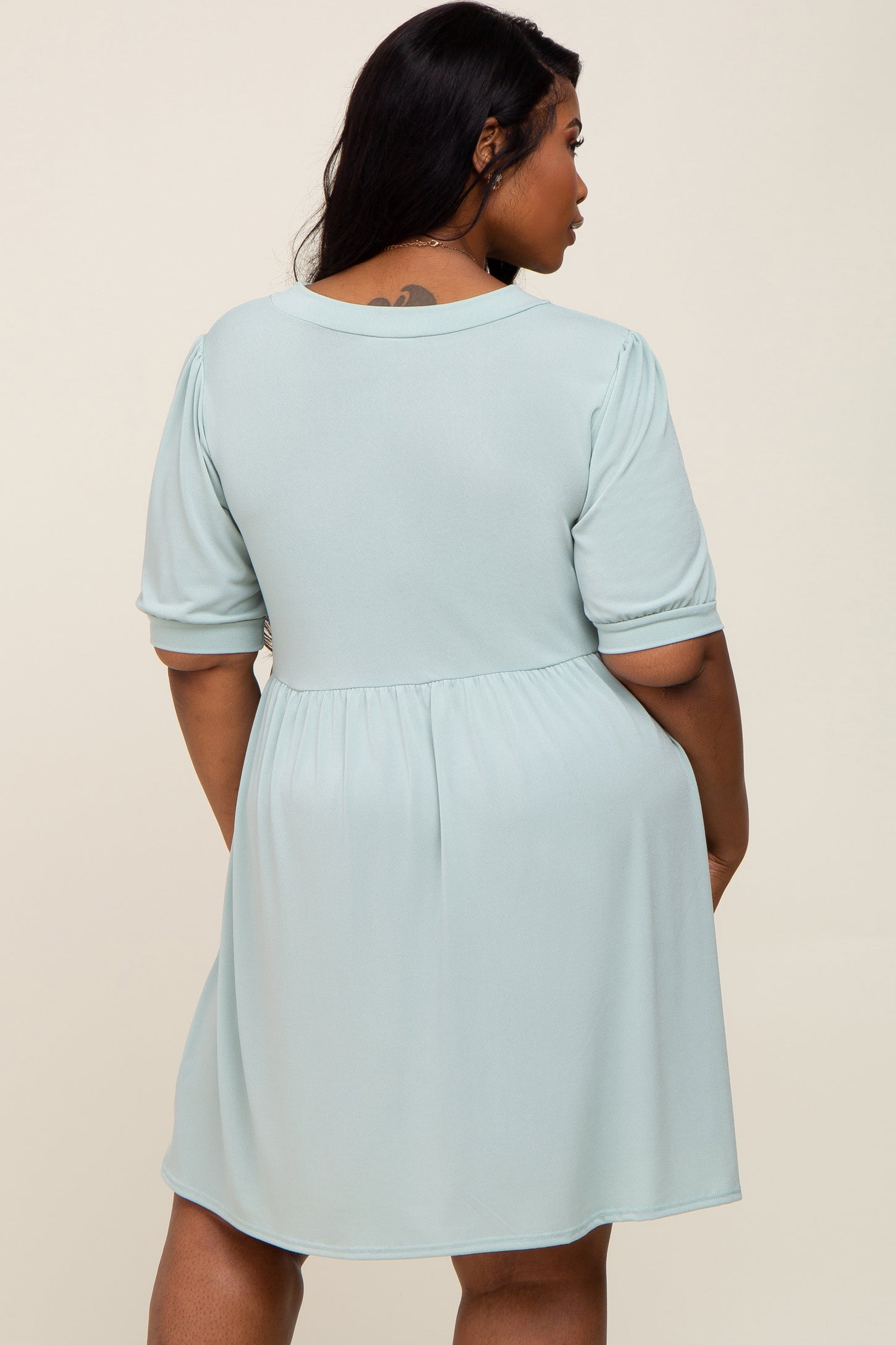 Light Green High Neck Puff Sleeve Plus Dress