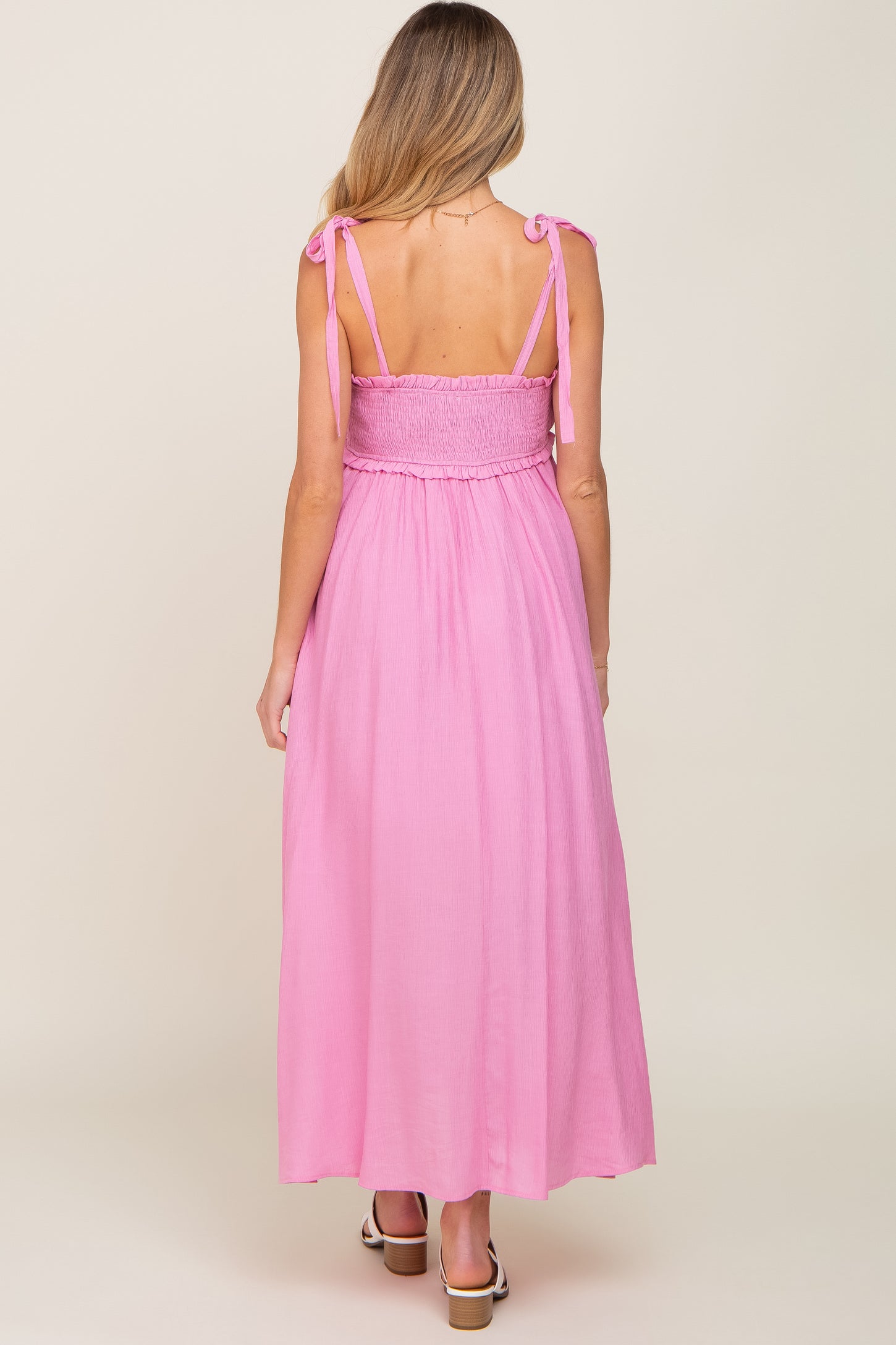 Pink Sleeveless Ruffle Trim Maternity Maxi Dress