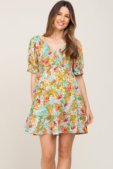 Green Floral Smocked Puff Sleeve Maternity Dress