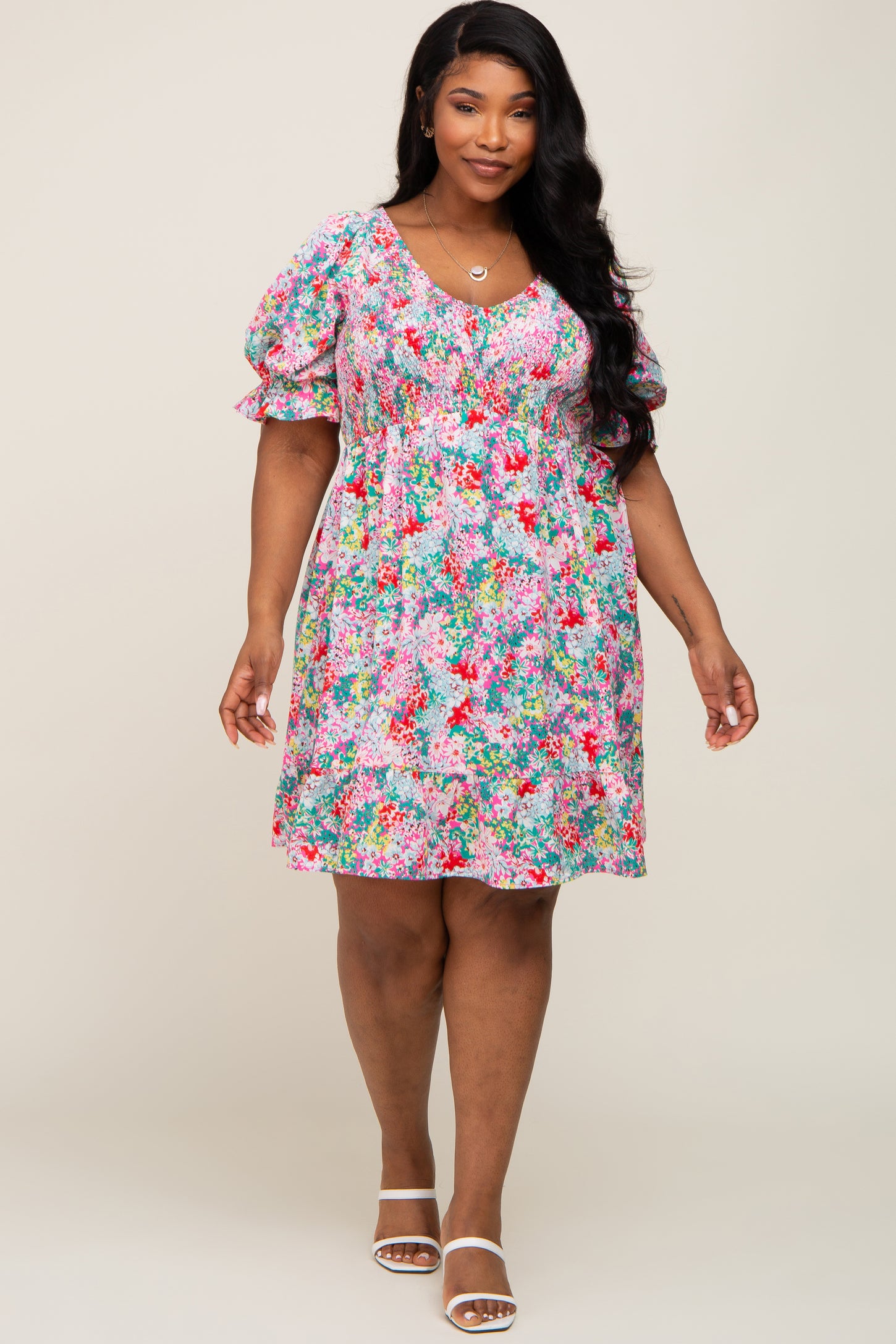 Fuchsia Floral Smocked Ruffle Accent Plus Dress