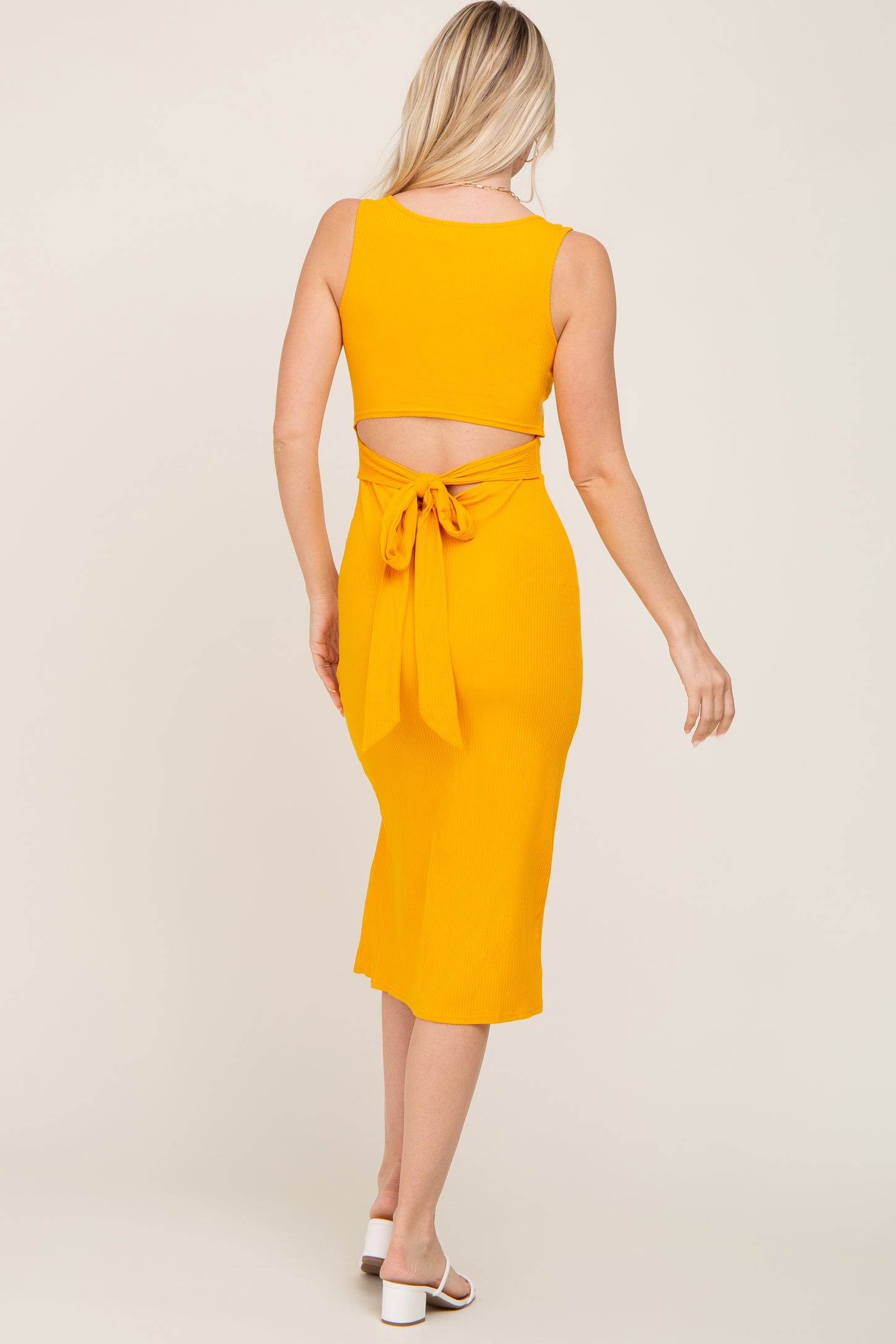 Yellow Ribbed Back Cutout Midi Dress