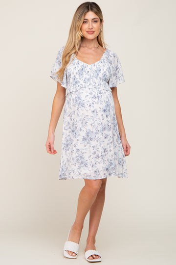 White Floral Print Smocked Ruffle Shoulder Maternity Dress