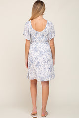 White Floral Print Smocked Ruffle Shoulder Maternity Dress