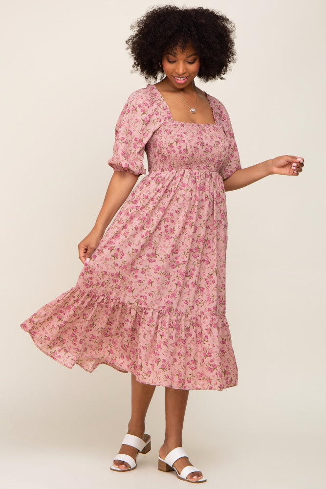 pink smocked midi dress The Bryan Smocked Midi Dress in Pale Pink Large