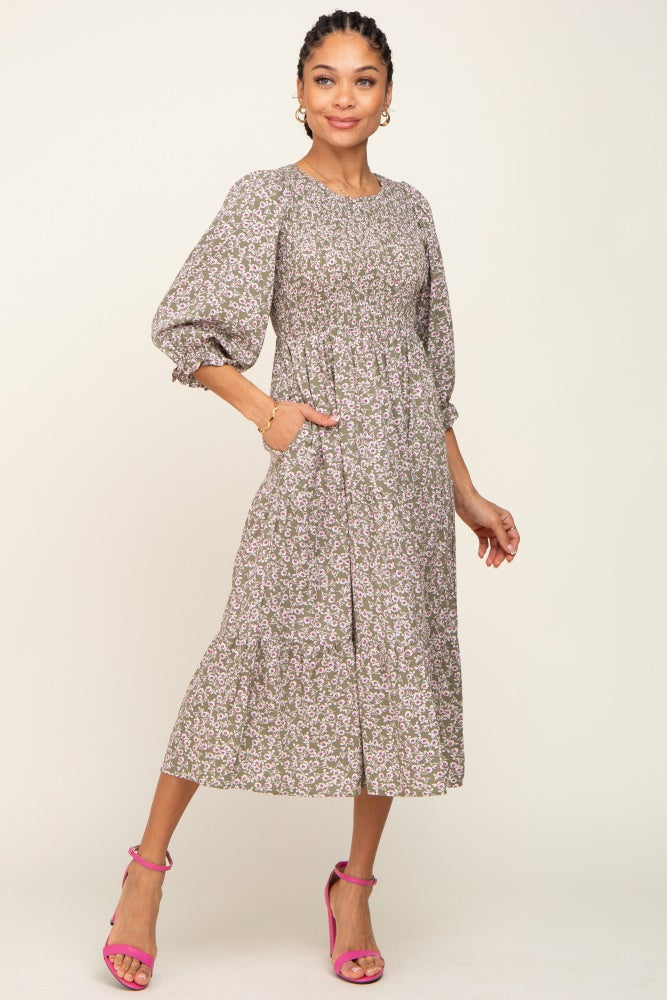 Olive Floral Smocked 3/4 Sleeve Midi Dress Olive Floral Smocked 3/4 Sleeve Midi Dress