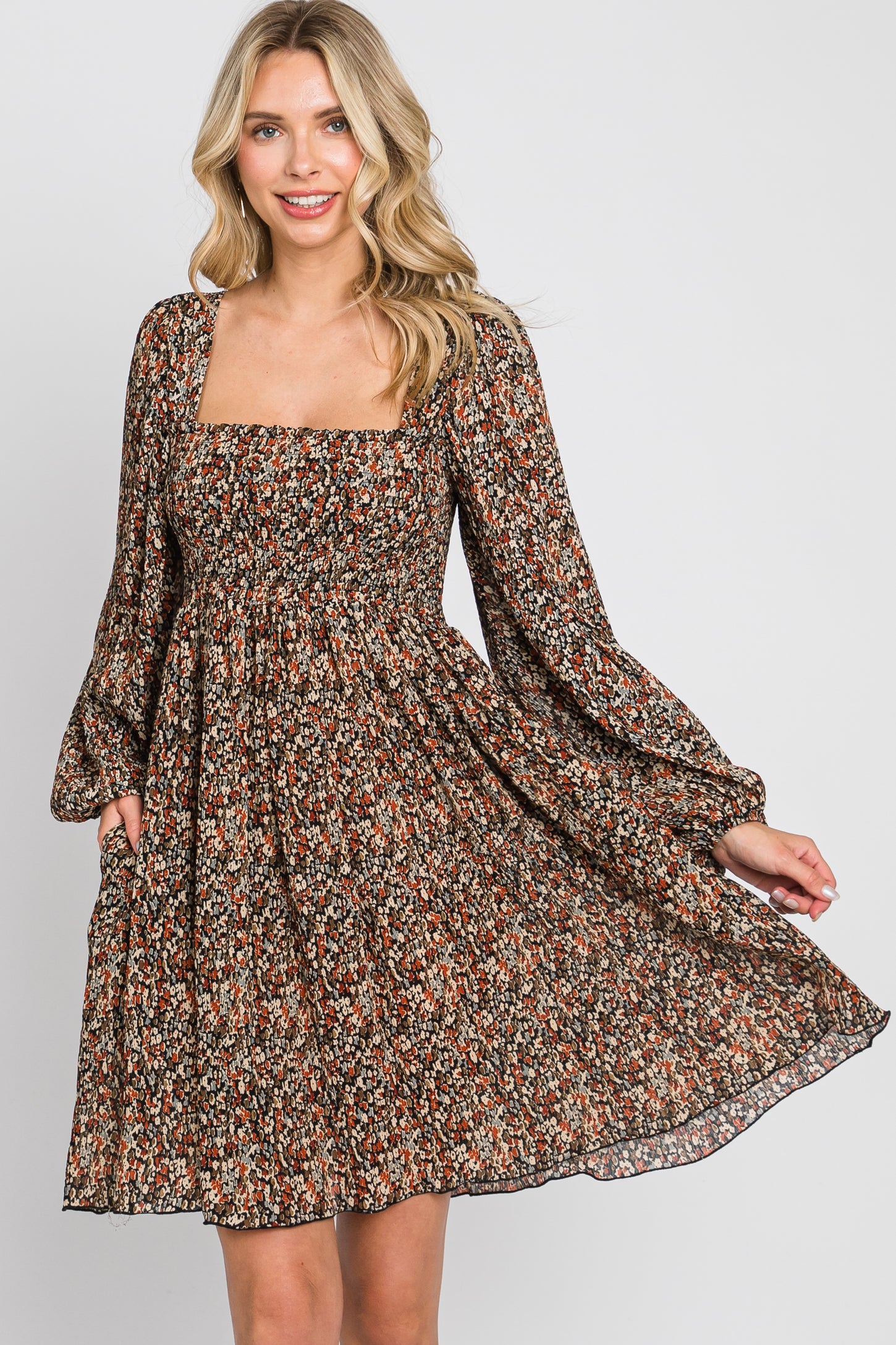 Black Floral Pleated Maternity Dress