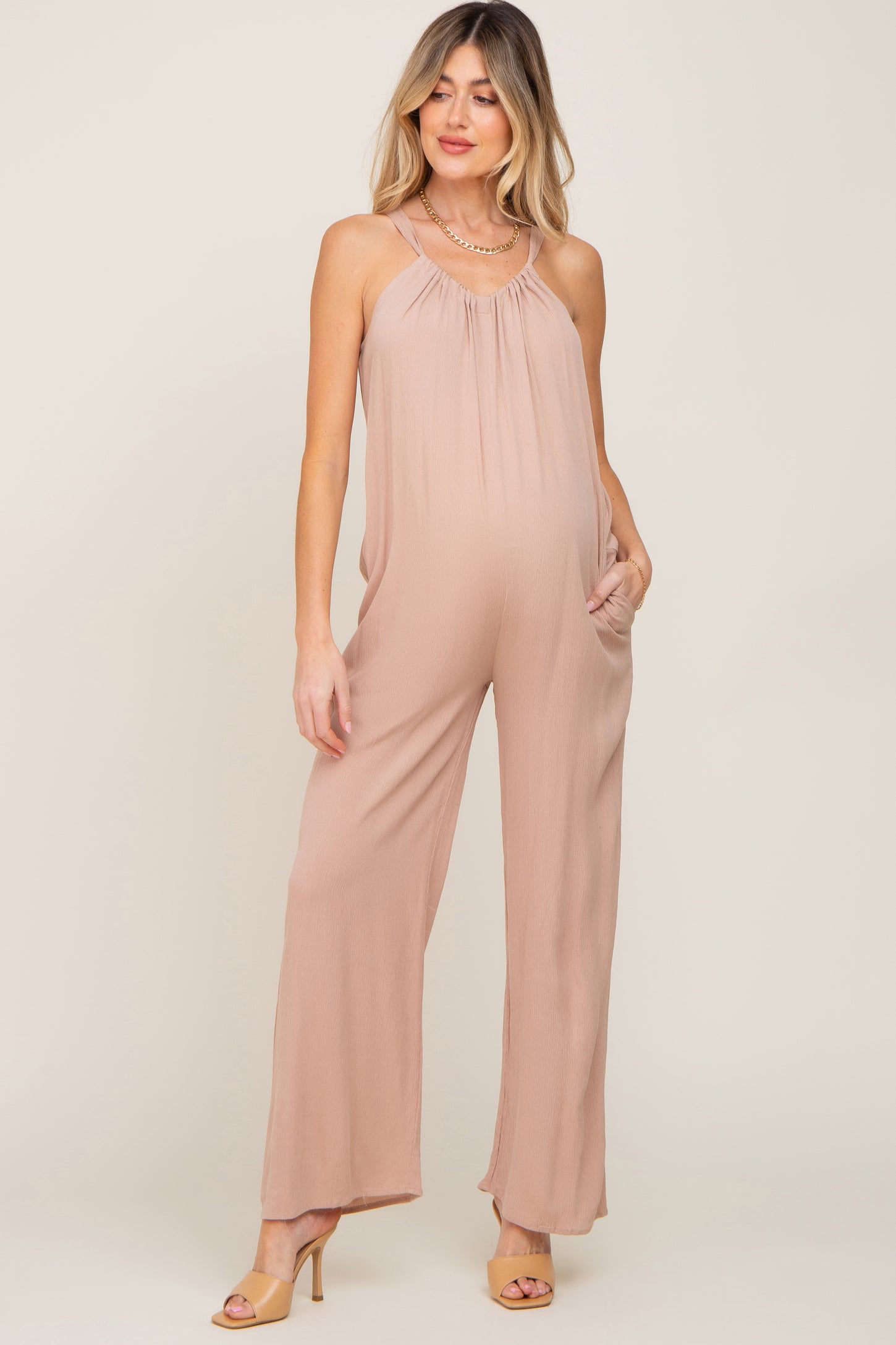Taupe Halter Neck Maternity Jumpsuit