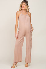 Taupe Halter Neck Maternity Jumpsuit