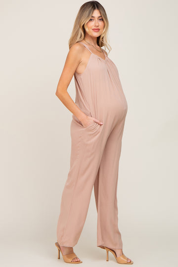Taupe Halter Neck Maternity Jumpsuit