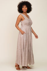 Cream Floral Smocked Sleeveless Back Tie Maxi Dress