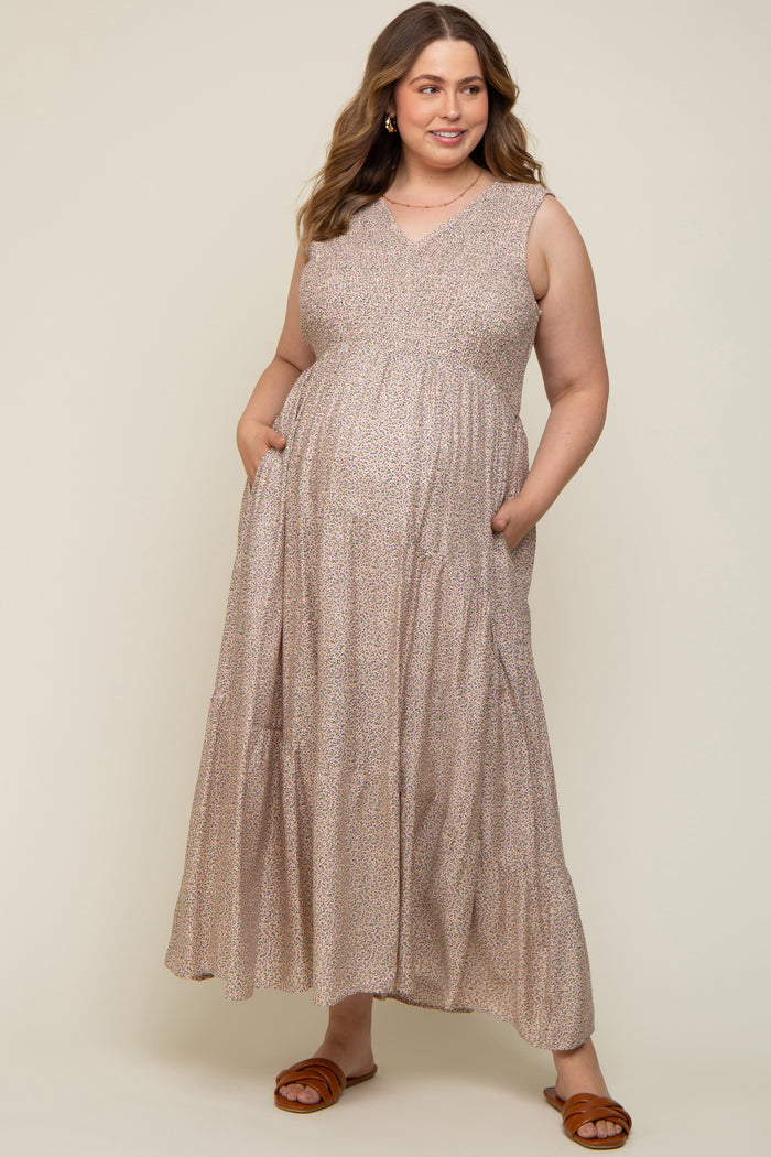 Cream Floral Smocked Sleeveless Back Tie Maternity Plus Maxi Dress