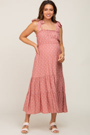 Mauve Polka Dot Shirred Maternity Midi Dress