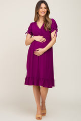 Purple Cinched Sleeve Maternity Midi Dress
