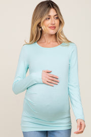 Aqua Blue Ruched Side Long Sleeve Maternity Top