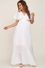 White Crepe Flounce Sleeve Tiered Maternity Maxi Dress