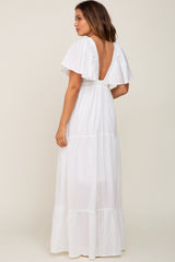 White Crepe Flounce Sleeve Tiered Maternity Maxi Dress