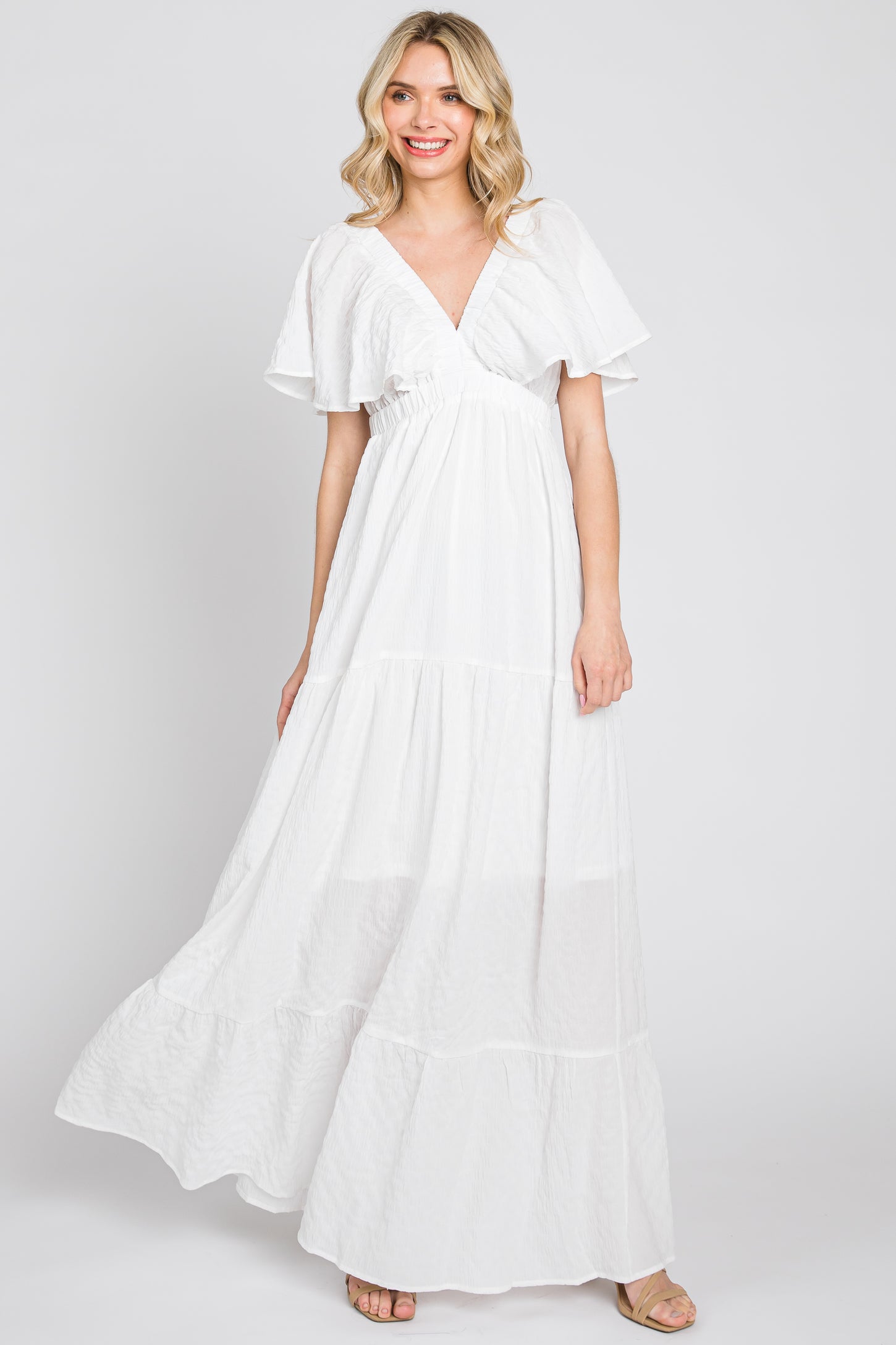 White Crepe Flounce Sleeve Tiered Maxi Dress