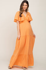 Orange Crepe Flounce Sleeve Tiered Maternity Maxi Dress