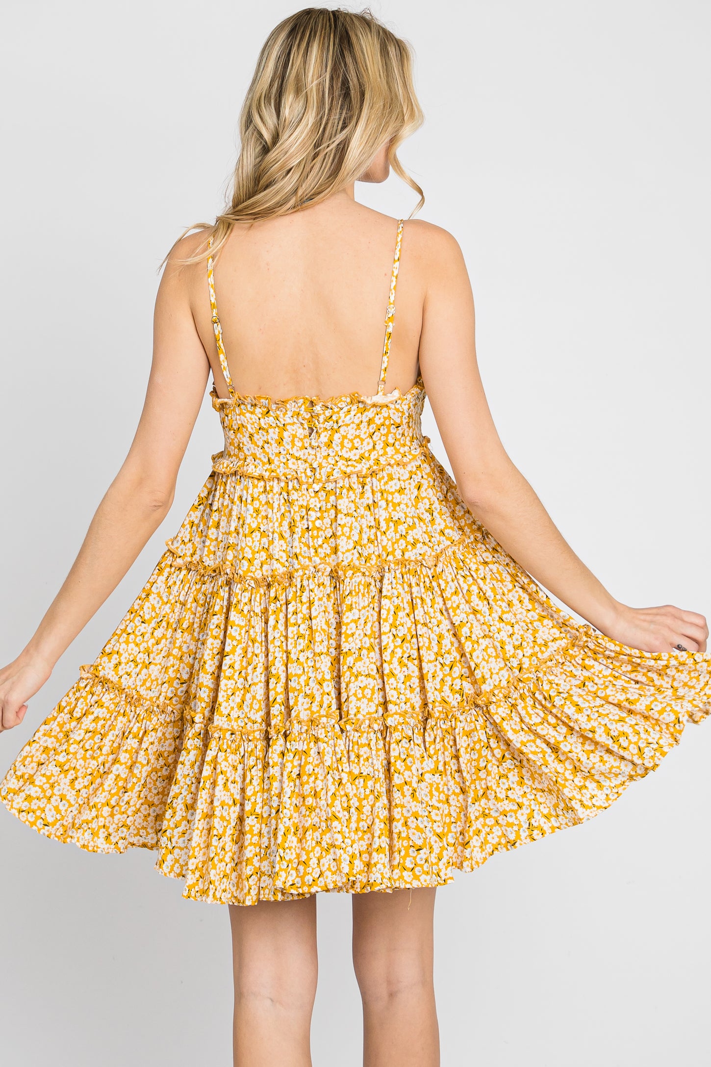 Yellow Floral Cut Out Tiered Ruffle Mini Dress