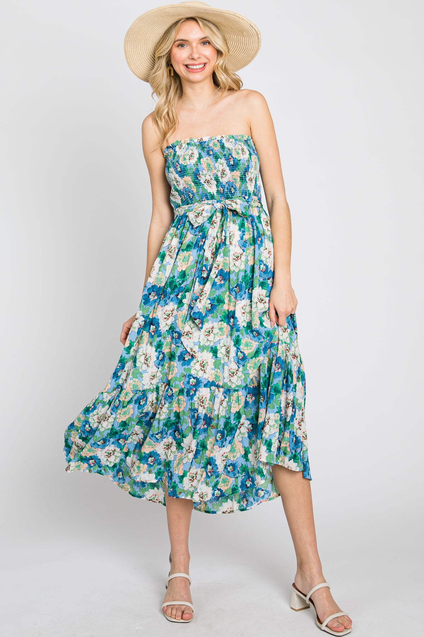 Blue Floral Smocked Strapless Maternity Midi Dress