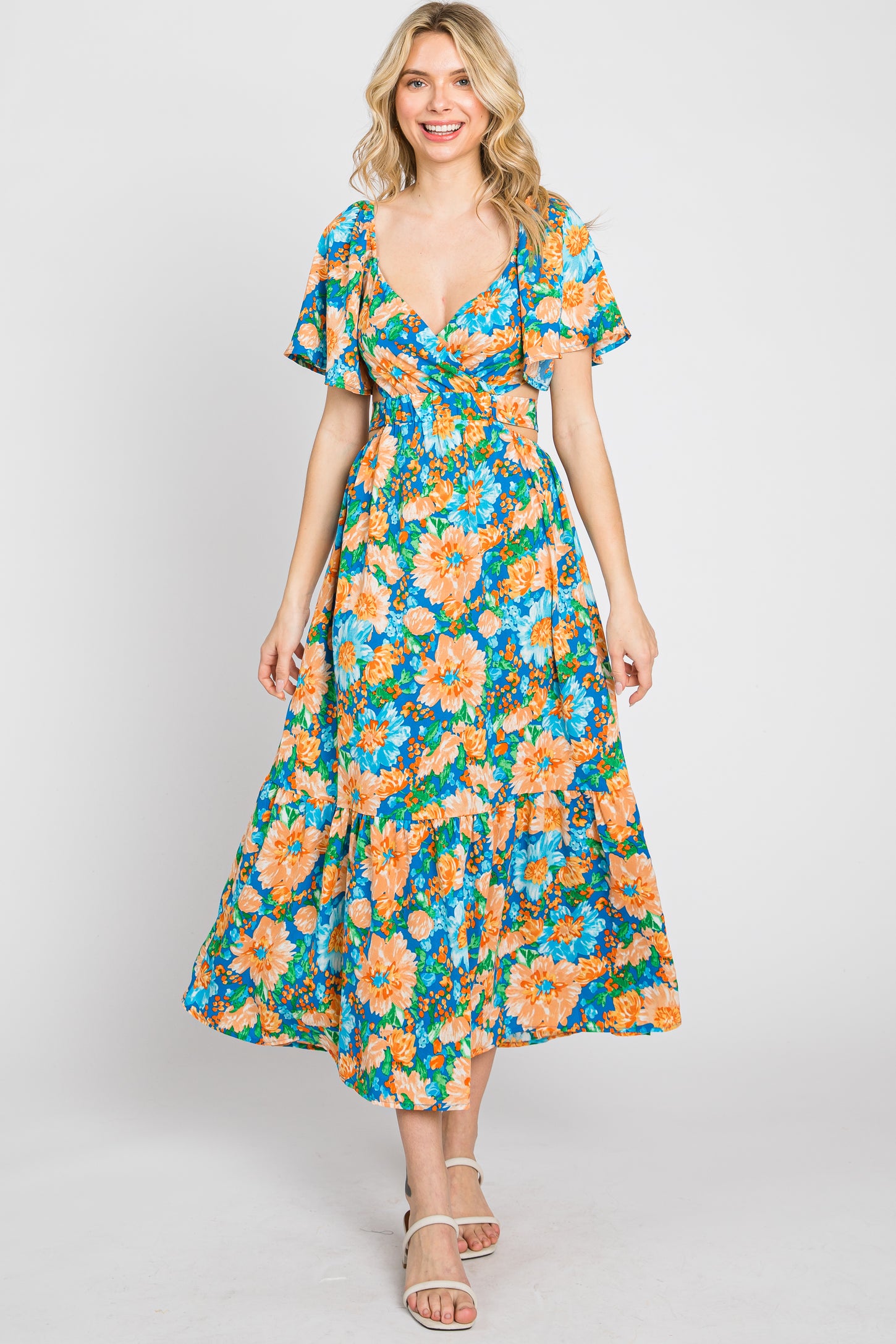 Multi-Color Floral Wrap Front Cutout Back Midi Dress