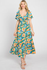 Multi-Color Floral Wrap Front Cutout Back Midi Dress