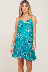 Teal Tropical Floral Front Tie Sleeveless Maternity Dress