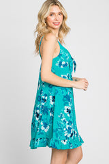 Teal Tropical Floral Front Tie Sleeveless Dress