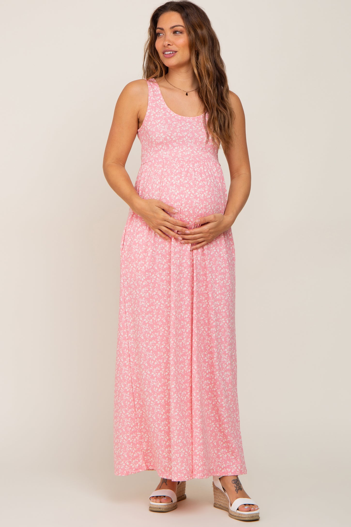 Pink Floral Sleeveless Maternity Maxi Dress