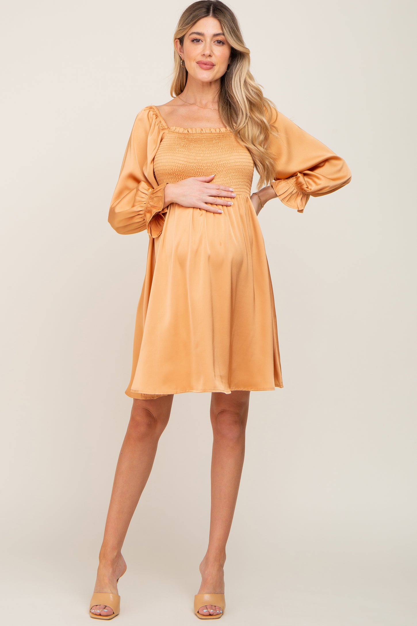 Camel Satin Smocked Square Neck Maternity Dress