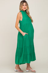 Green Tiered High Neck Maternity Maxi Dress