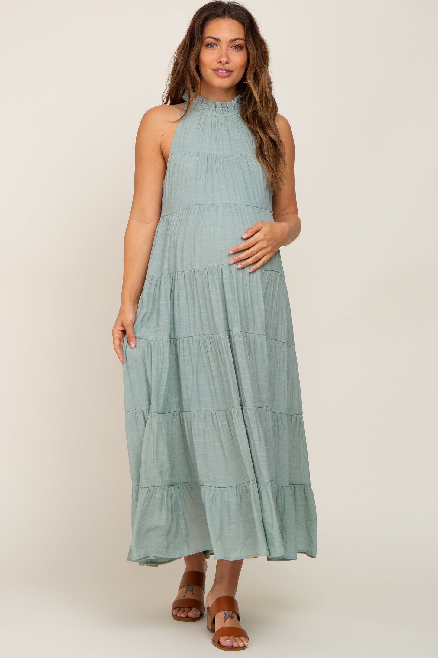 Sage Tiered High Neck Maternity Maxi Dress