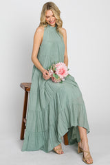 Sage Tiered High Neck Maternity Maxi Dress