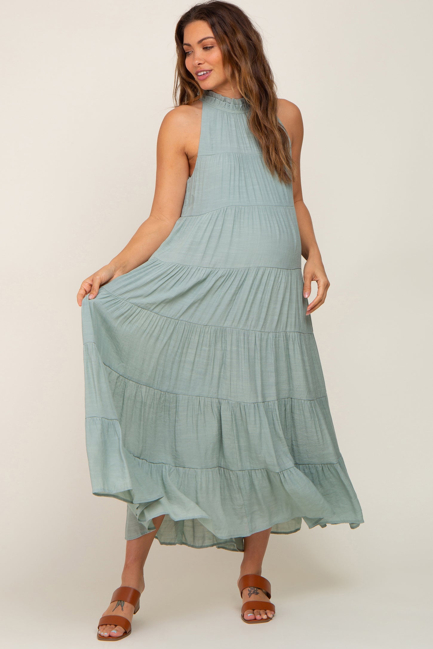 Sage Tiered High Neck Maternity Maxi Dress