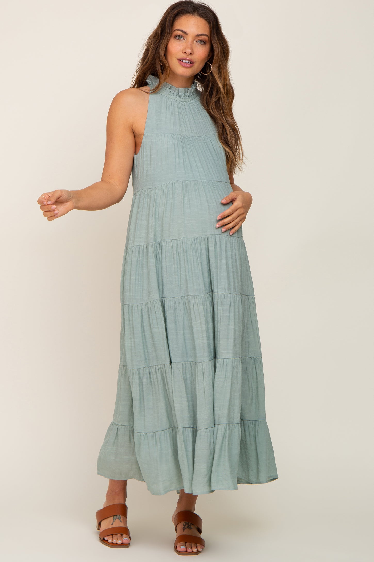 Sage Tiered High Neck Maternity Maxi Dress